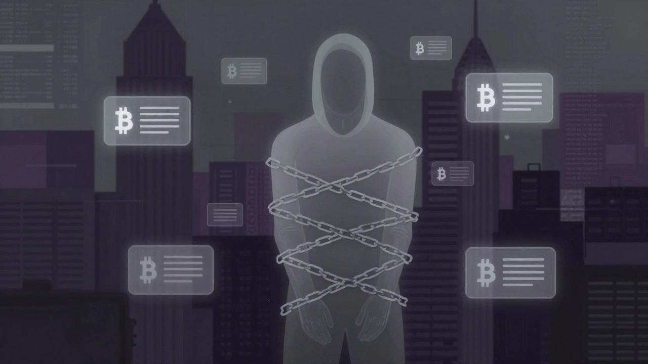 Abstract art showing a trapped silhouette amidst digital symbols of exploitation