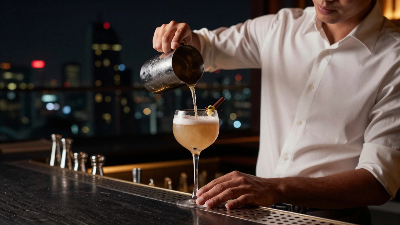 Bartender pouring cocktail at upscale Bangkok rooftop bar