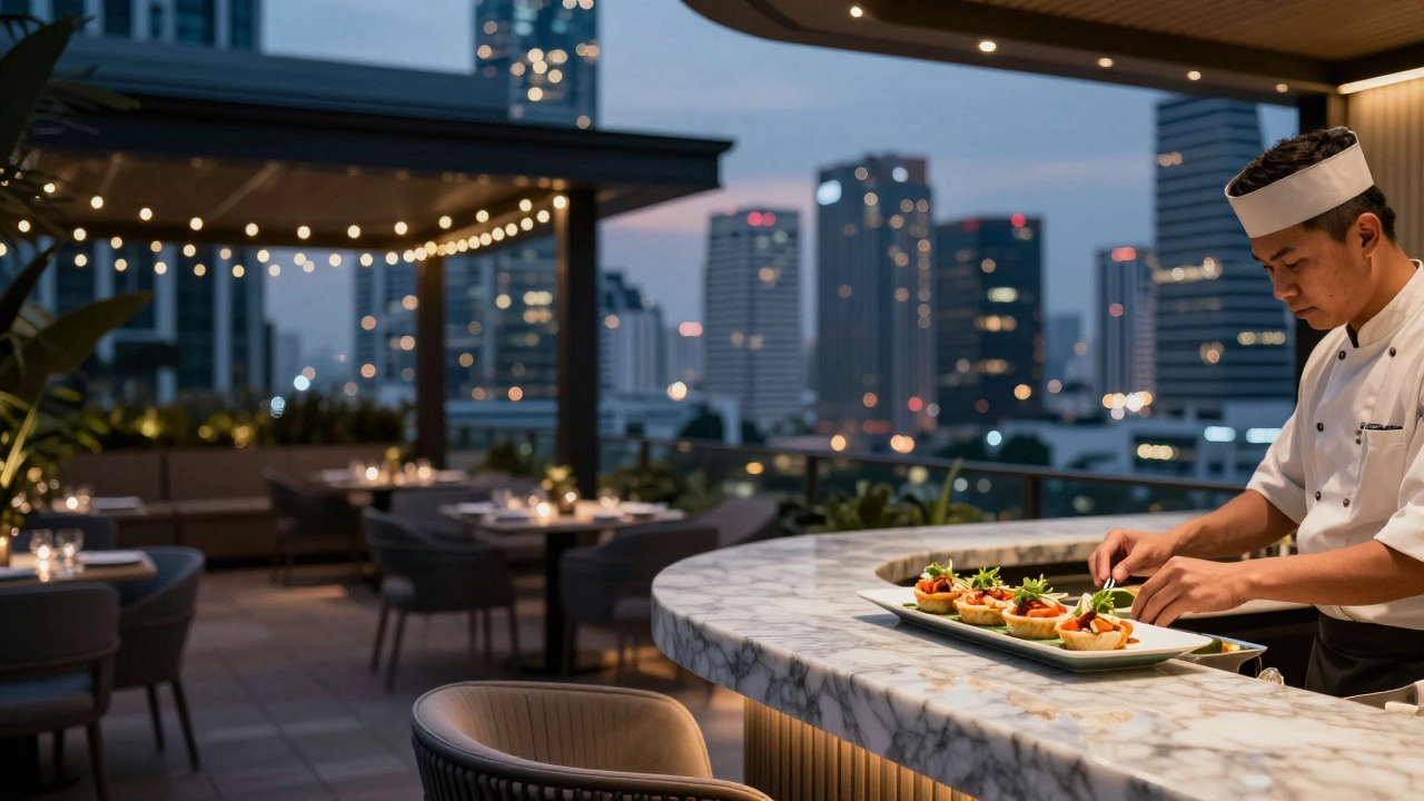Chef plating gourmet tapas on a modern rooftop terrace with city skyline views