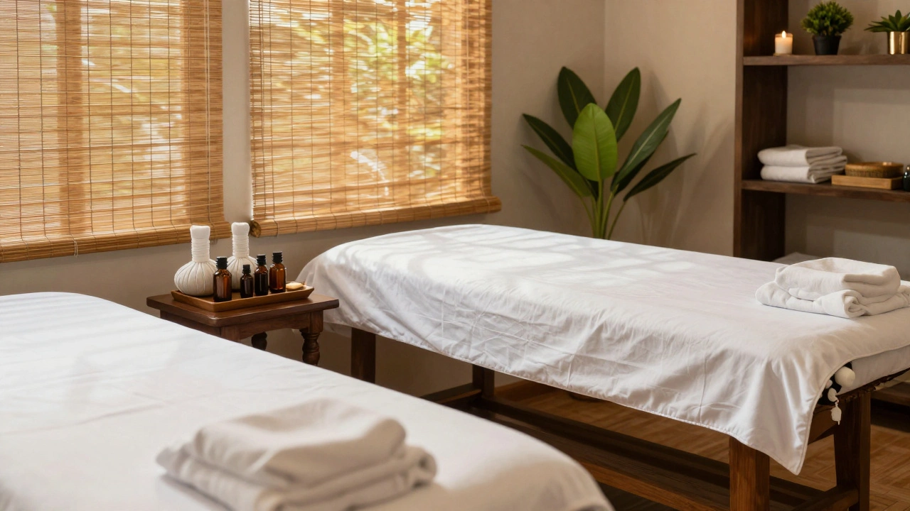 Clean, serene traditional Thai spa interior with soft natural lighting