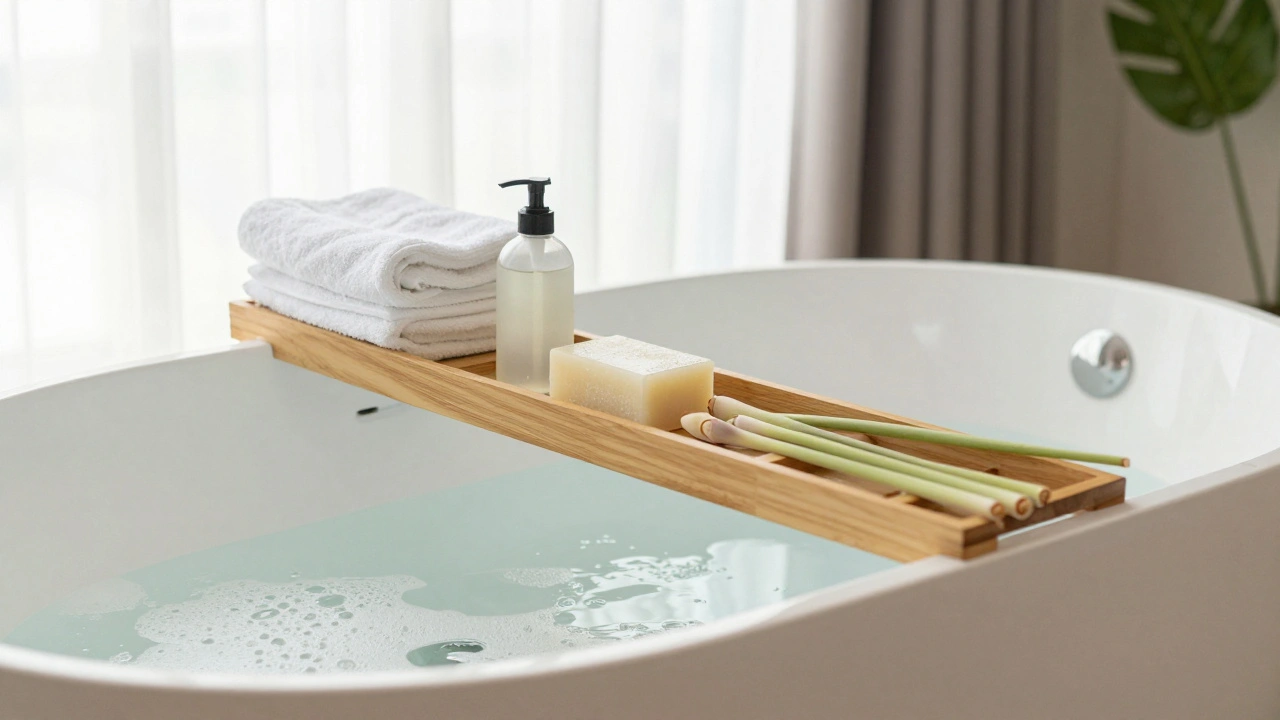 Clean spa bathroom with soapy tub and organic toiletries