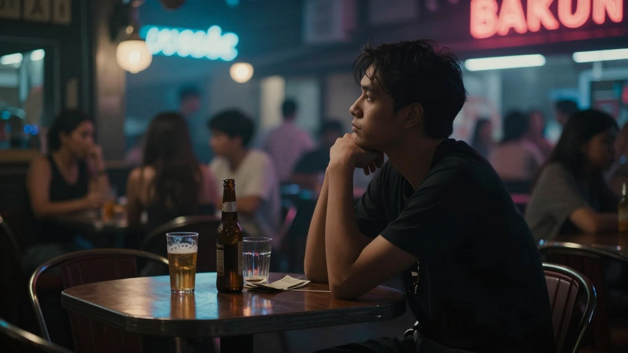 Contemplative patron in a neon-lit Bangkok bar with drinks and cash