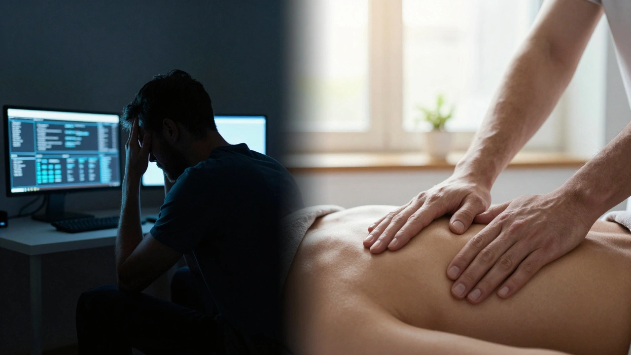 Contrast between a stressed person at screens and hands receiving a relaxing massage.