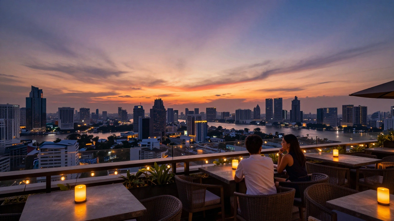 Couple enjoying sunset views from a luxurious Bangkok rooftop bar overlooking the city
