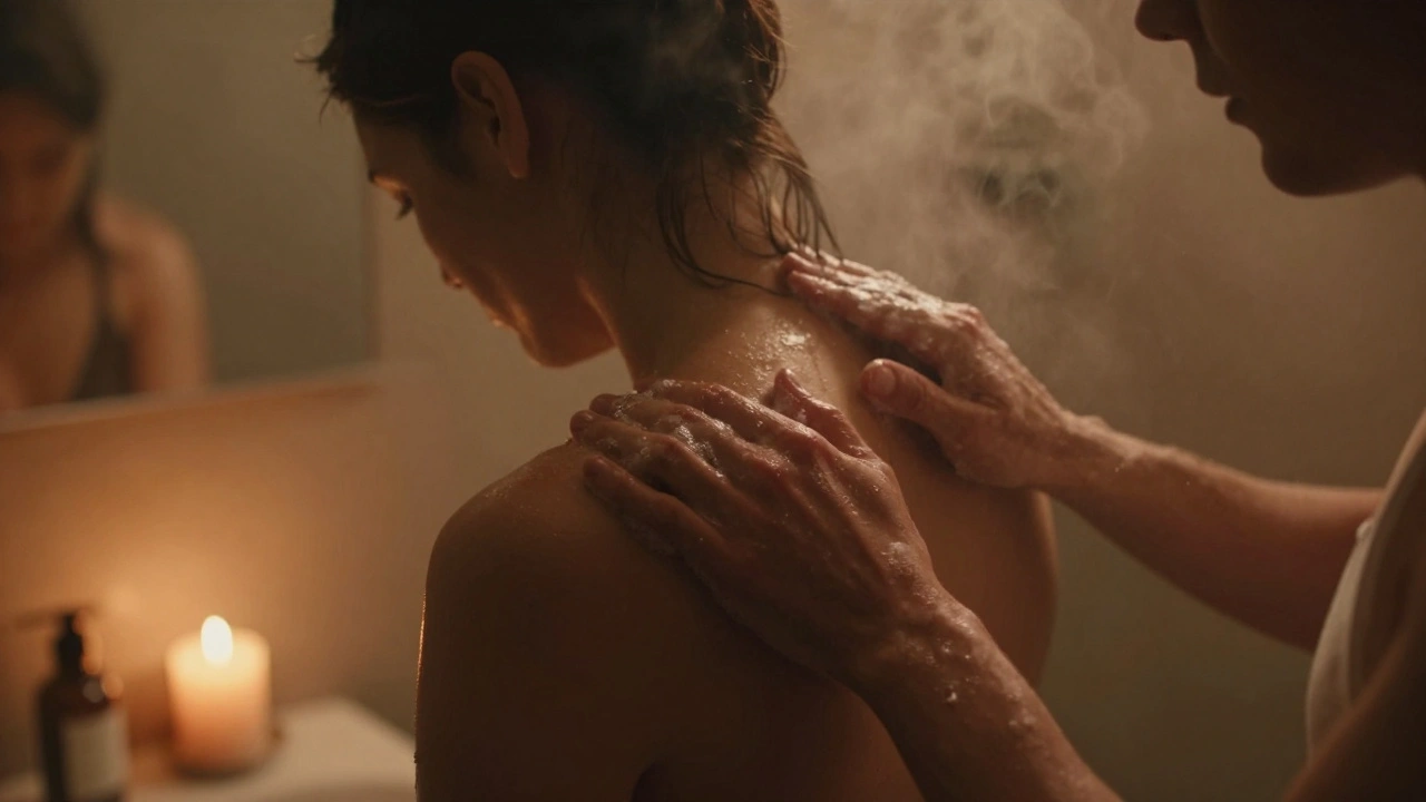 Couple sharing an intimate shoulder massage in a steamy room