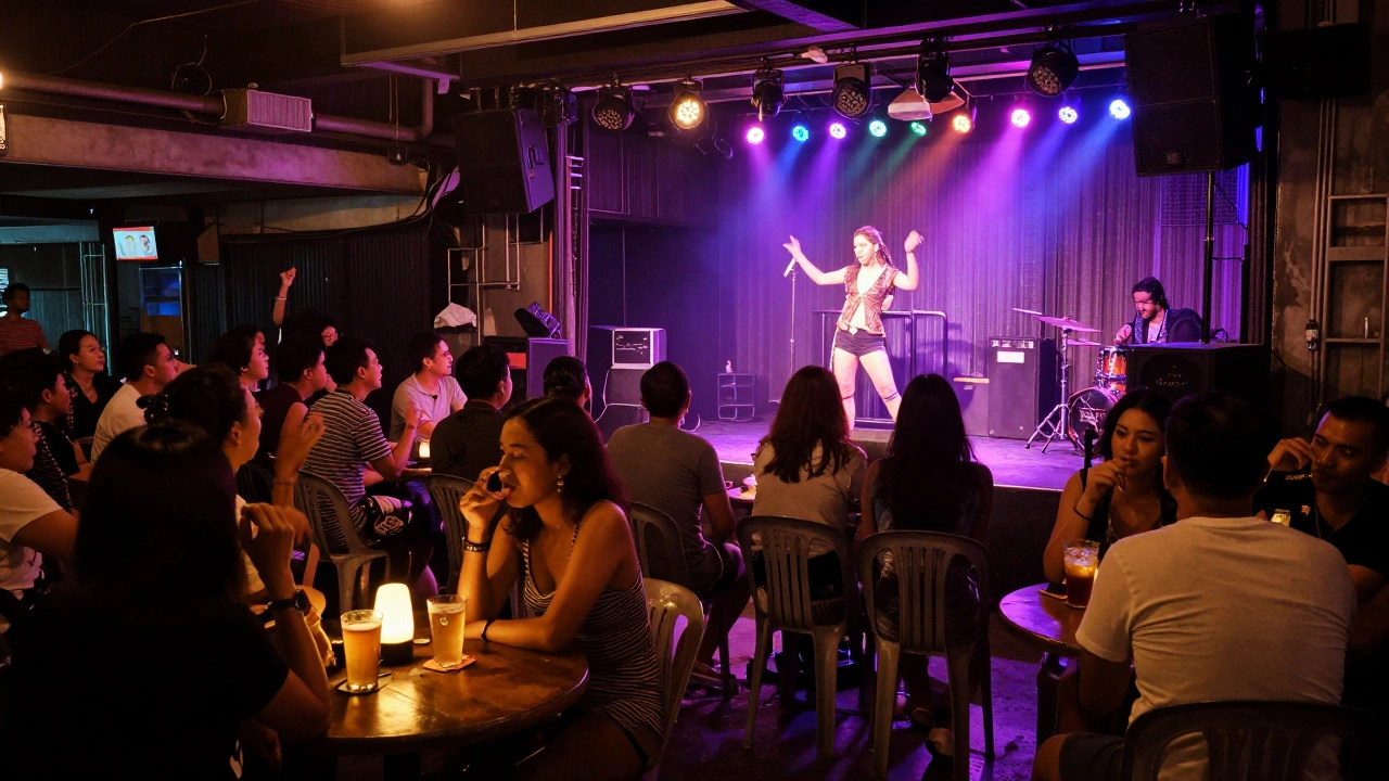 Crowded interior of Baccara bar with stage performance and patrons
