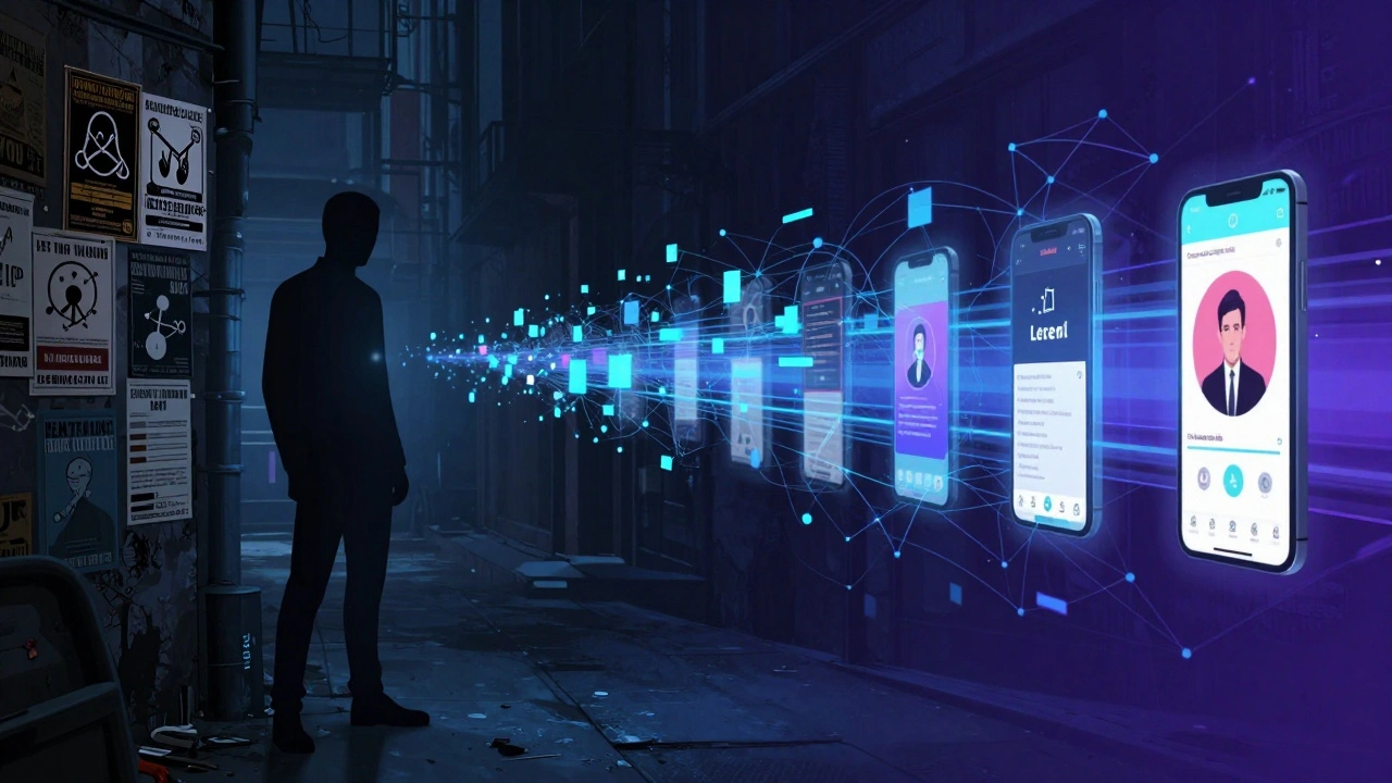 Digital art showing transition from agents to dating apps