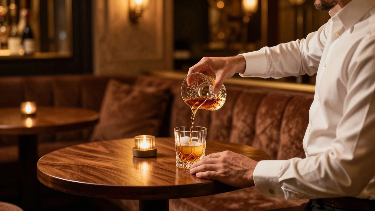 Elegant interior of a upscale Bangkok lounge with bartender pouring drinks