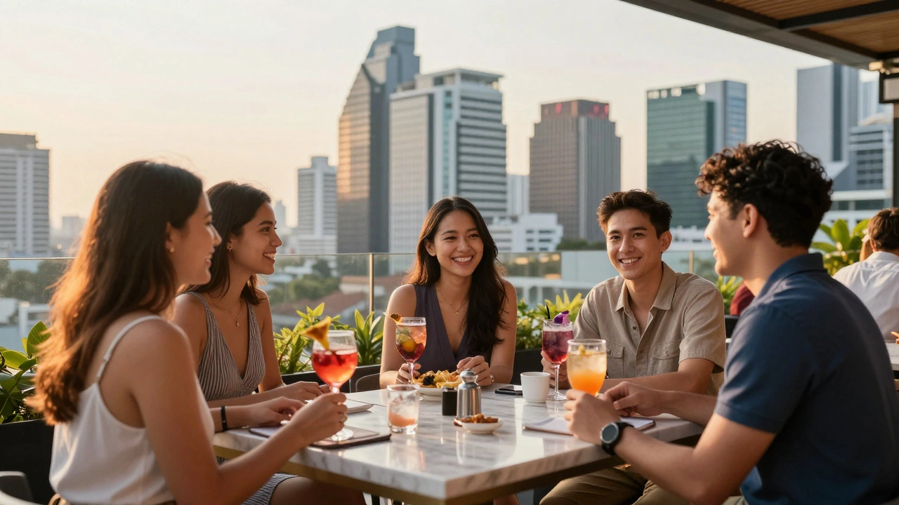 Friends enjoying drinks at a sunny upscale rooftop bar in Bangkok