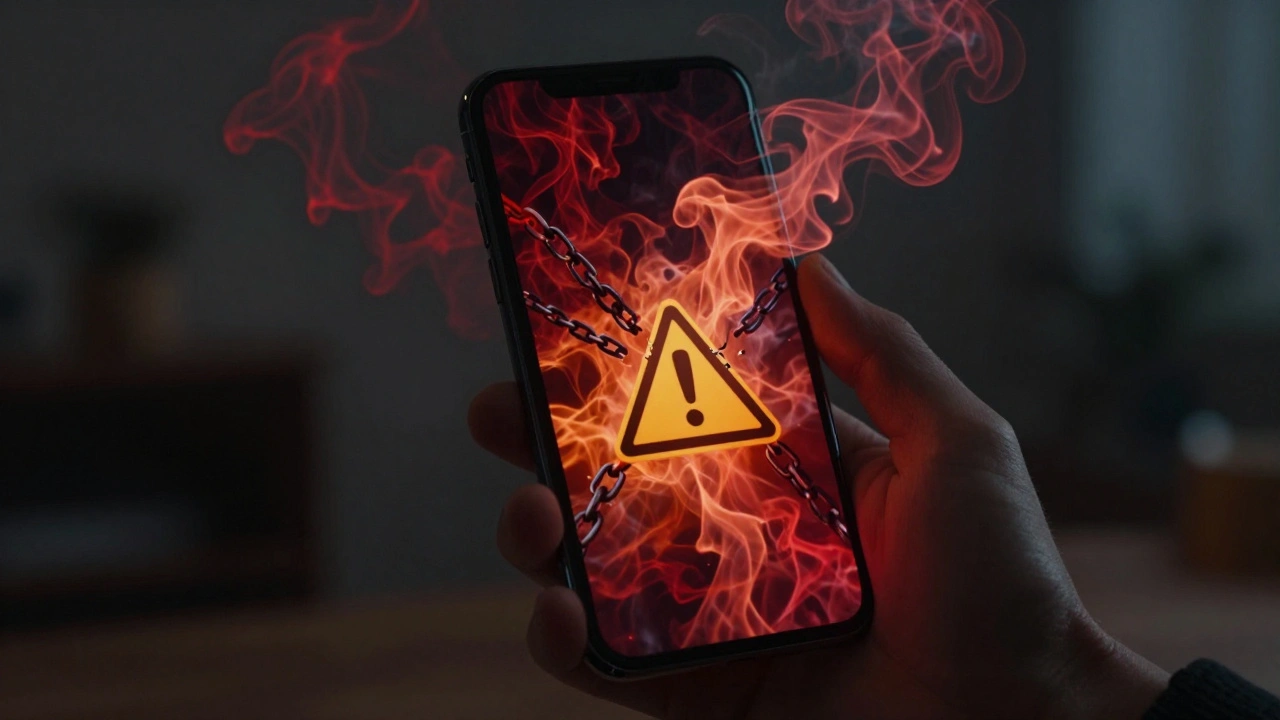 Hand holding phone emitting chaotic smoke, symbolizing online scams and misinformation.
