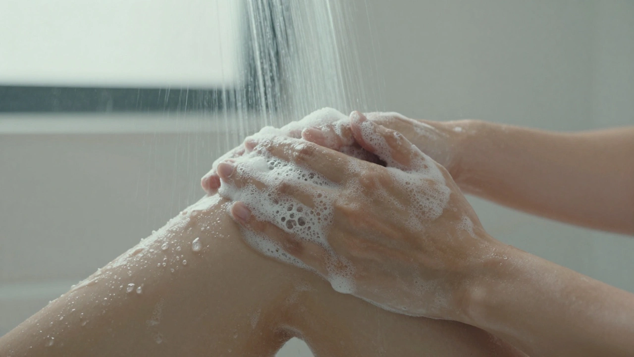 Hands applying soapy lather to calves during a shower massage