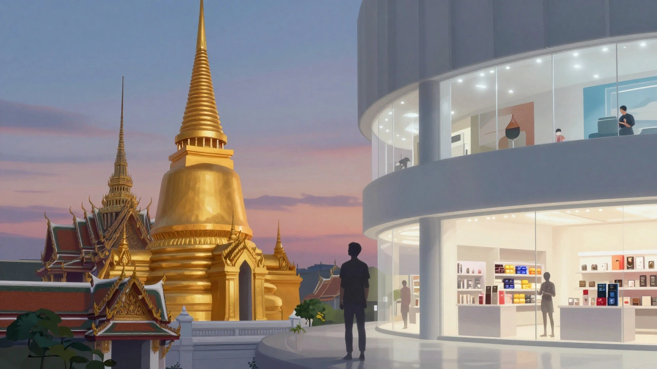 Illustration showing Thai temple and modern mall coexisting