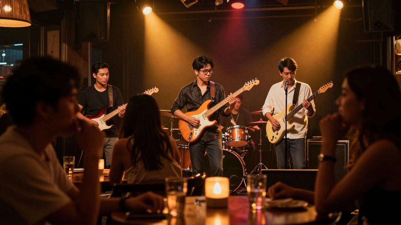 Live band performing on stage inside a dimly lit Thai hostess bar