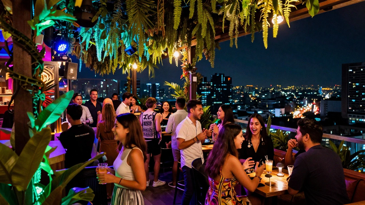 Lively crowd partying at a jungle-themed rooftop lounge with neon lights