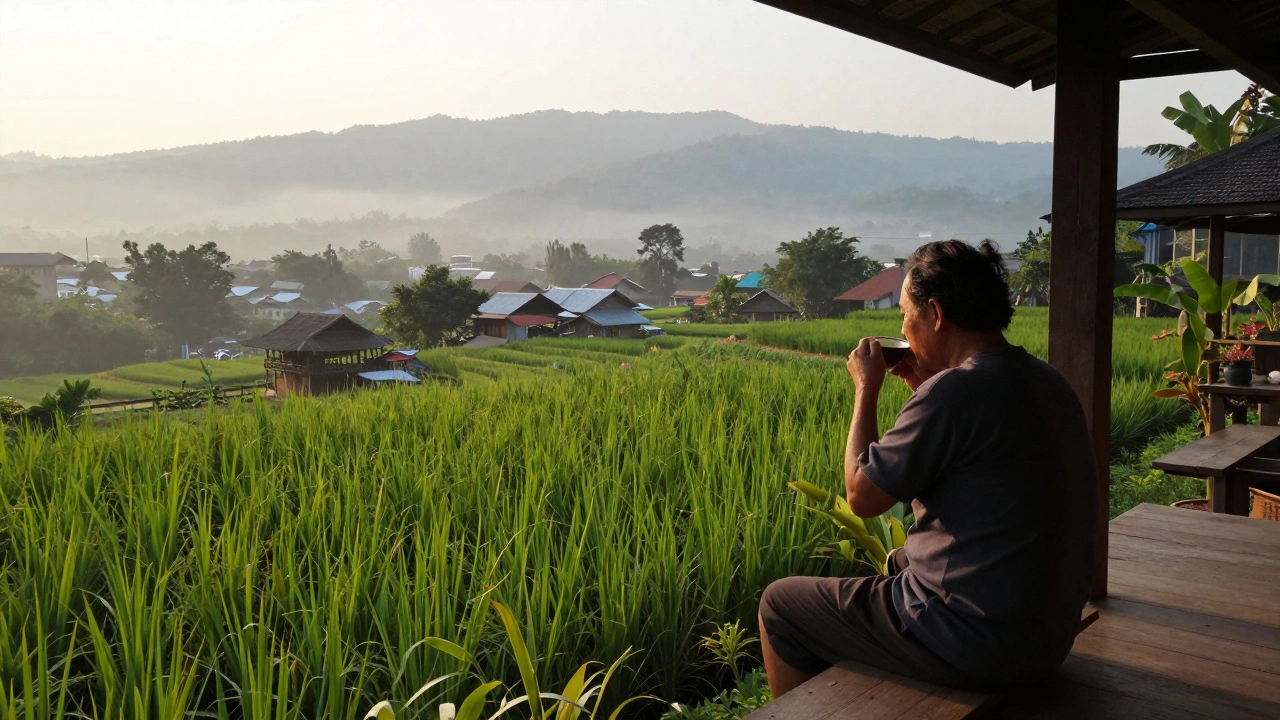 Lone figure relaxing in peaceful rural Thailand landscape