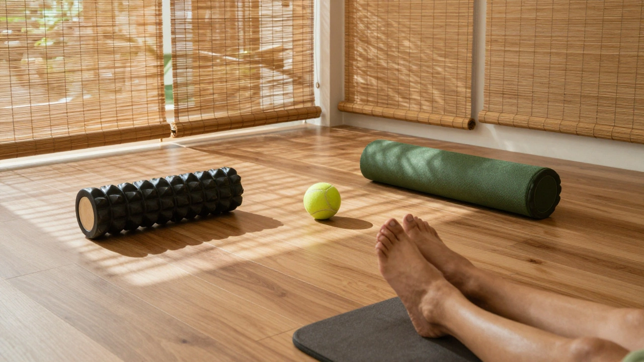 Minimalist wellness setup with foam rollers and mats in a sunlit Thai-style room.