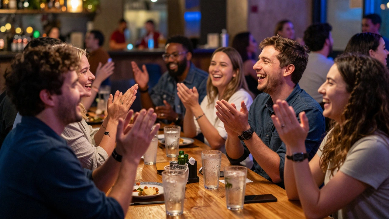 Patrons laughing and drinking at a table during a live music set