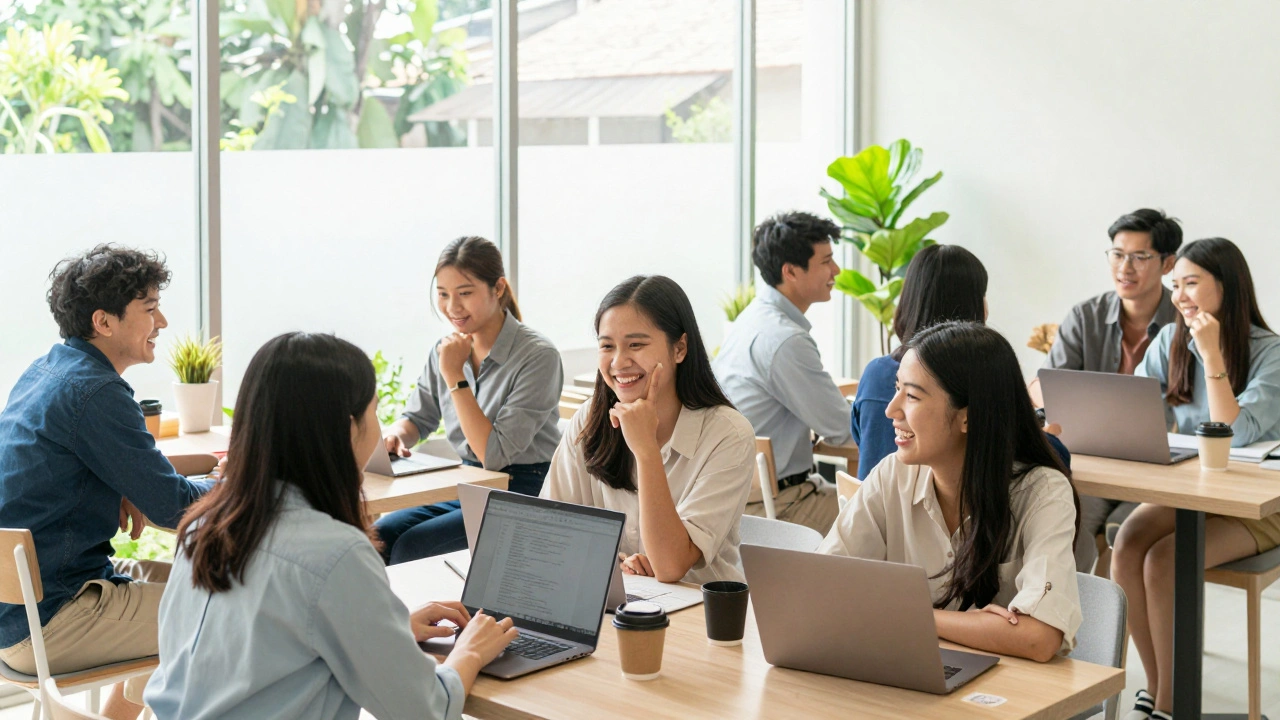 People chatting at a sunny co-working space in Thailand