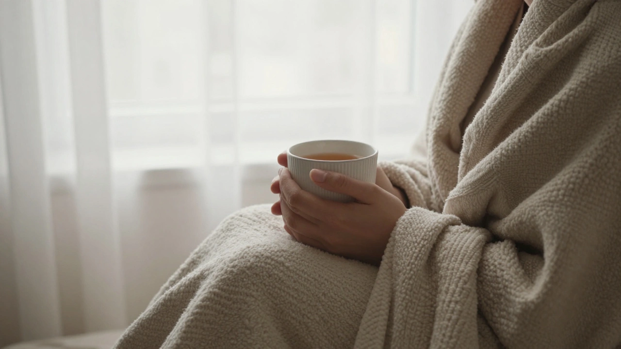 Person wrapped in blanket with tea, depicting peaceful aftercare.