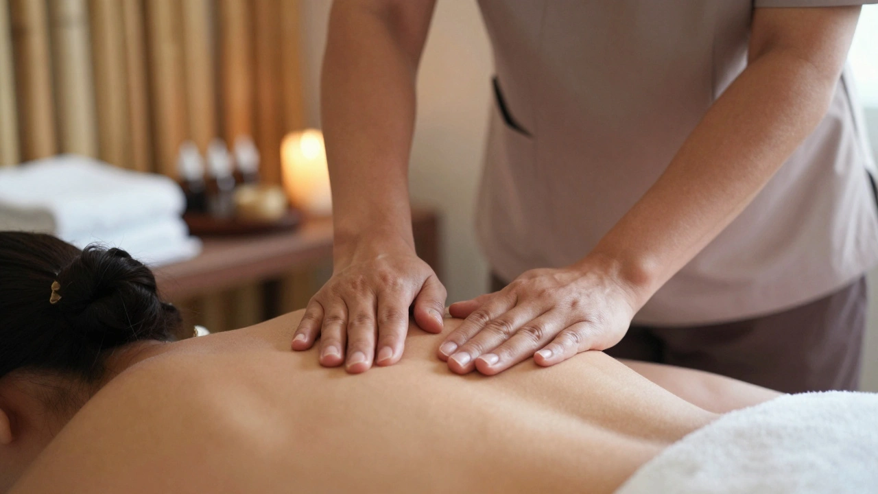 Professional Thai massage therapist performing traditional stretching techniques
