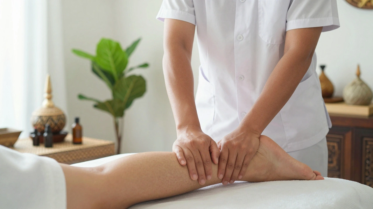 Professional therapist performing traditional Nuad Thai massage in a serene, sunlit room
