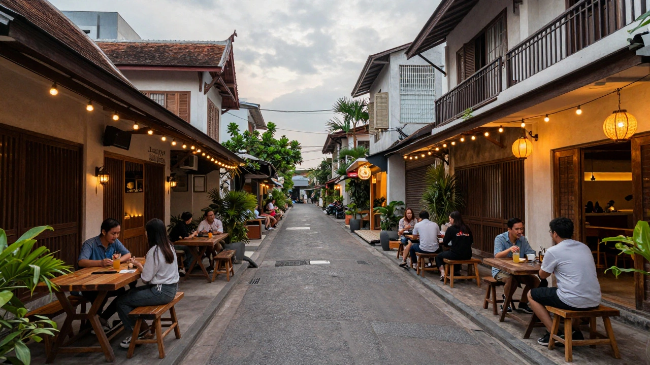 Quiet Soi Rambuttri alley with boutique bars and string lights in Bangkok