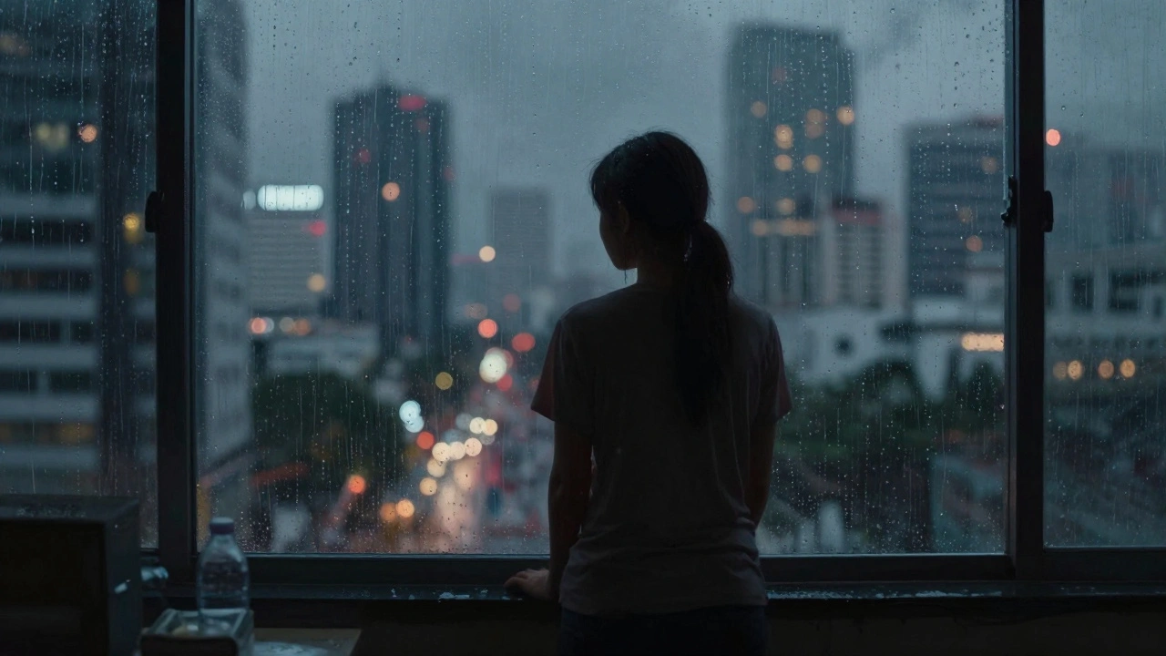 Silhouette of woman looking out rain-streaked window at night