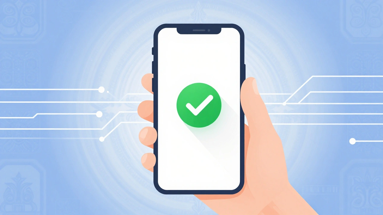 Smartphone showing video verification icon against abstract tech and cultural background