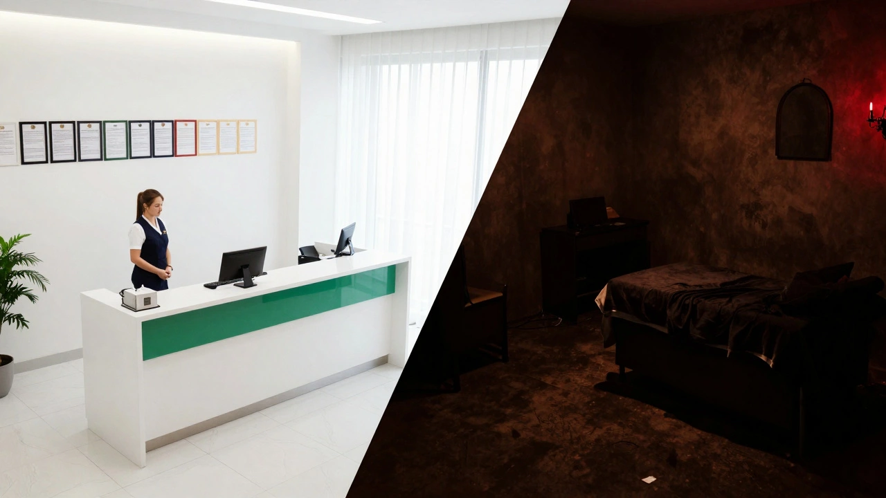 Split image contrasting a bright legitimate spa with a dark illegal parlor interior