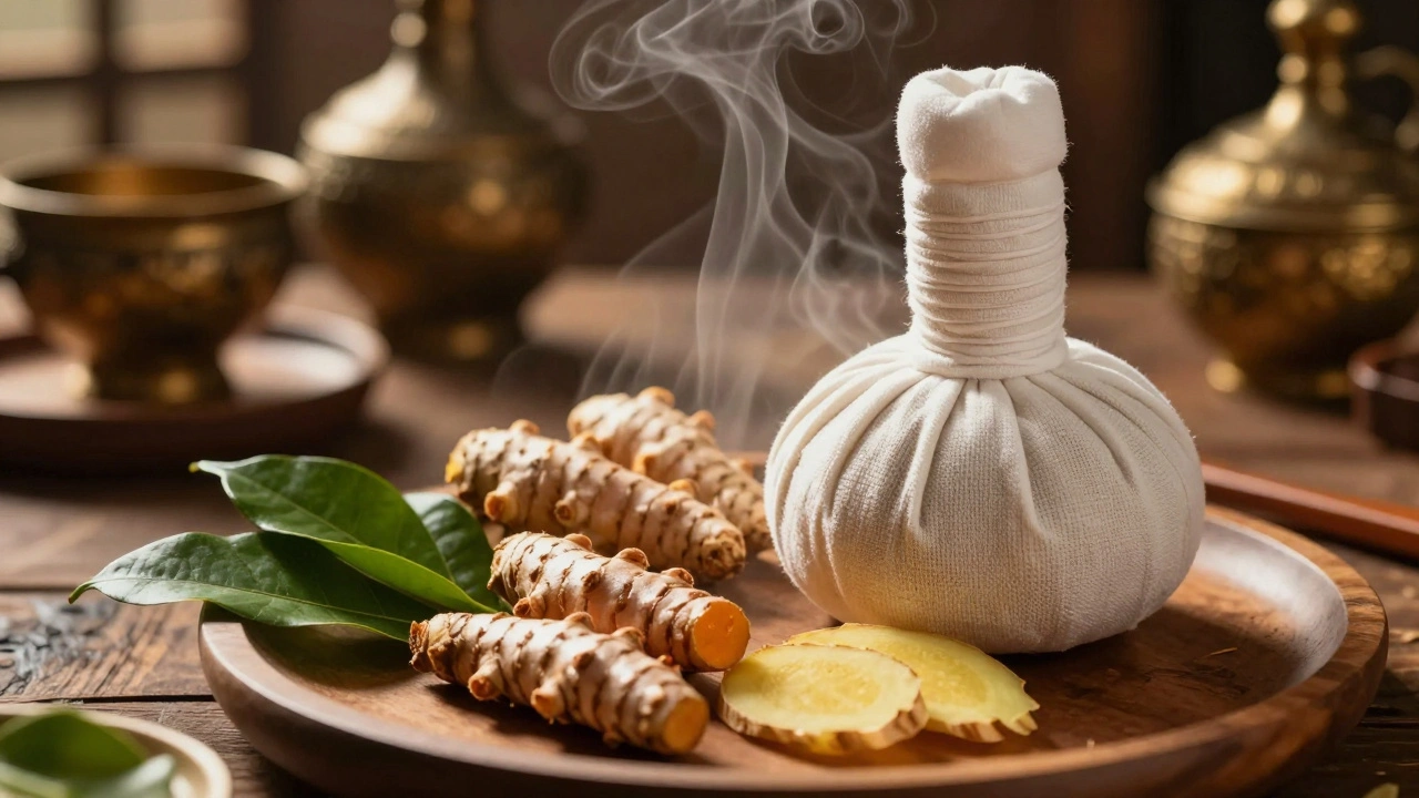 Steaming herbal compress with turmeric and ginger for traditional therapy