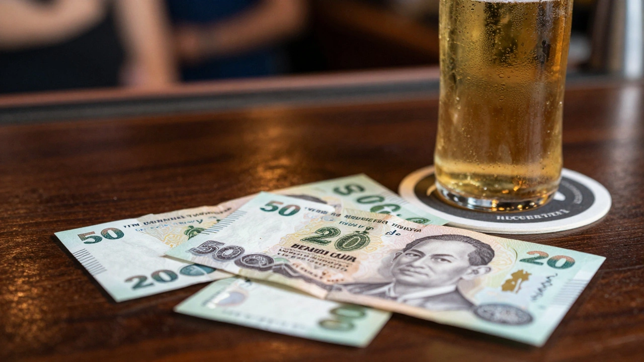 Thai Baht cash notes and beer bottle on a bar table representing fees