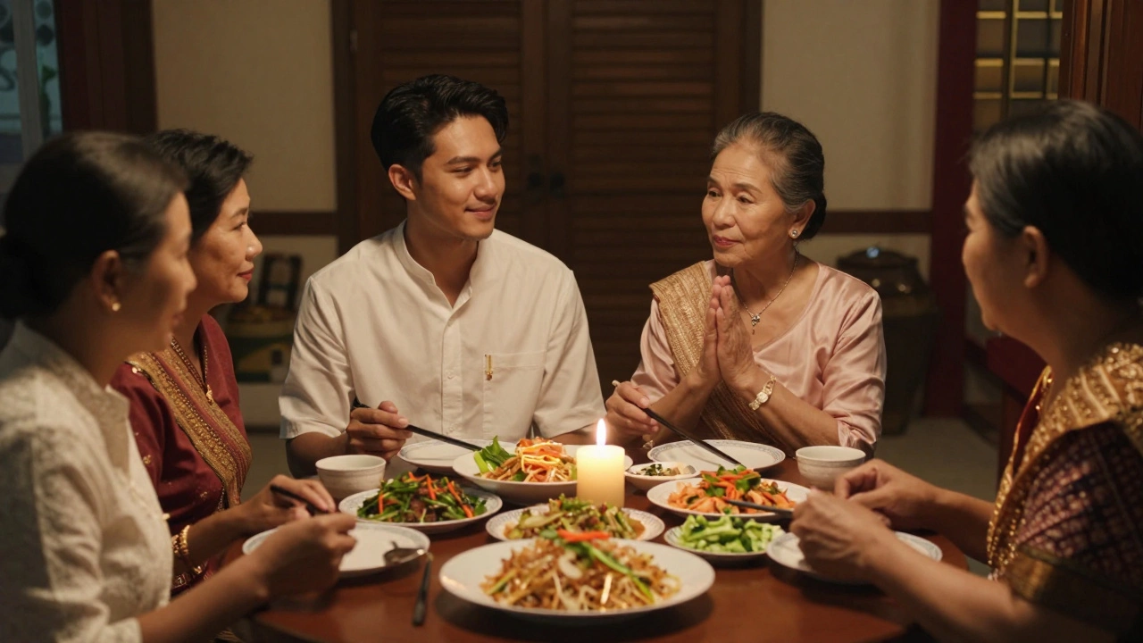 Thai couple dining respectfully with family members