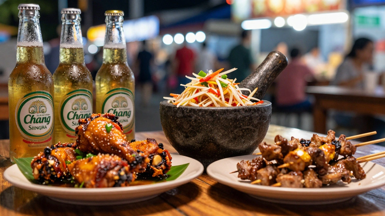 Thai street food including grilled chicken, papaya salad, and pork skewers
