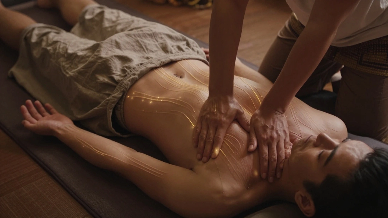 Traditional Thai massage on a mat focusing on energy lines and pressure