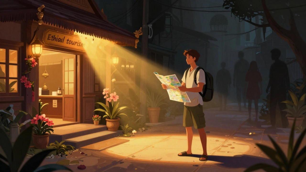 Traveler choosing a safe, well-lit spa path over shadowy, risky areas in Bangkok