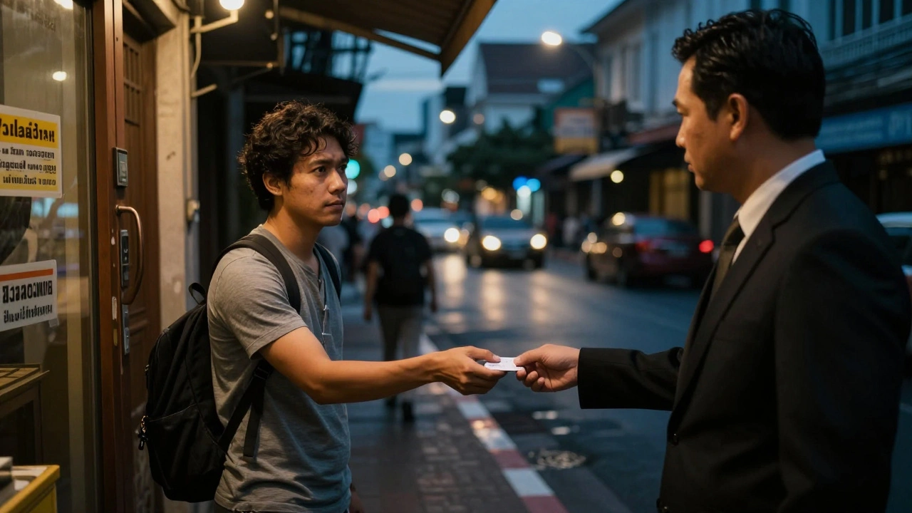Traveler declining street solicitor card in dim Bangkok alley