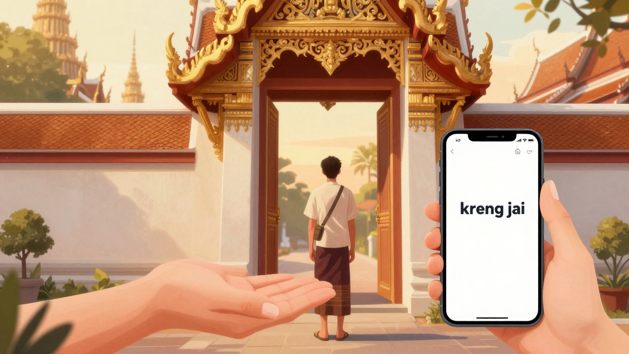 Traveler respecting Thai culture near temple with safety cues