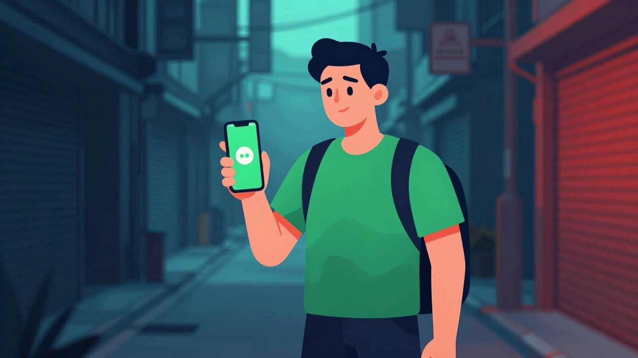 Traveler using phone for safe transport in Thailand