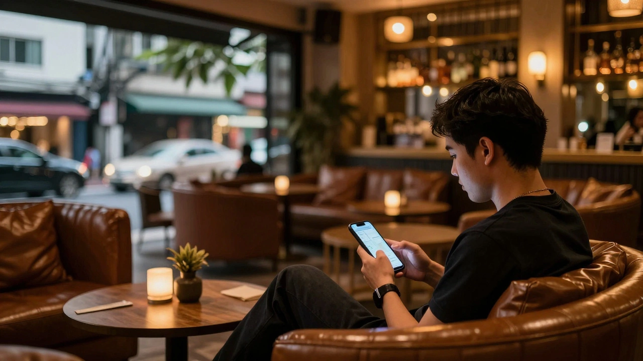 Traveler using phone in a calm, upscale Bangkok lounge for safe transport