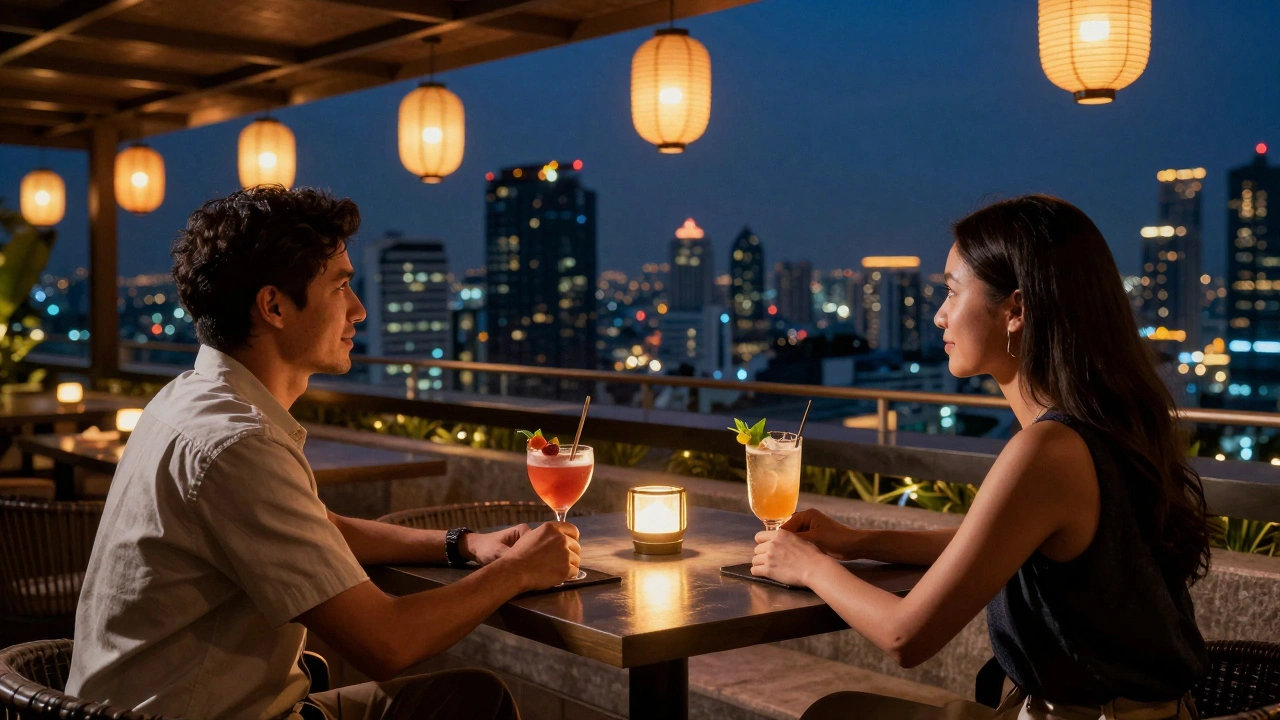 Travelers enjoying cocktails at a luxurious Bangkok rooftop bar