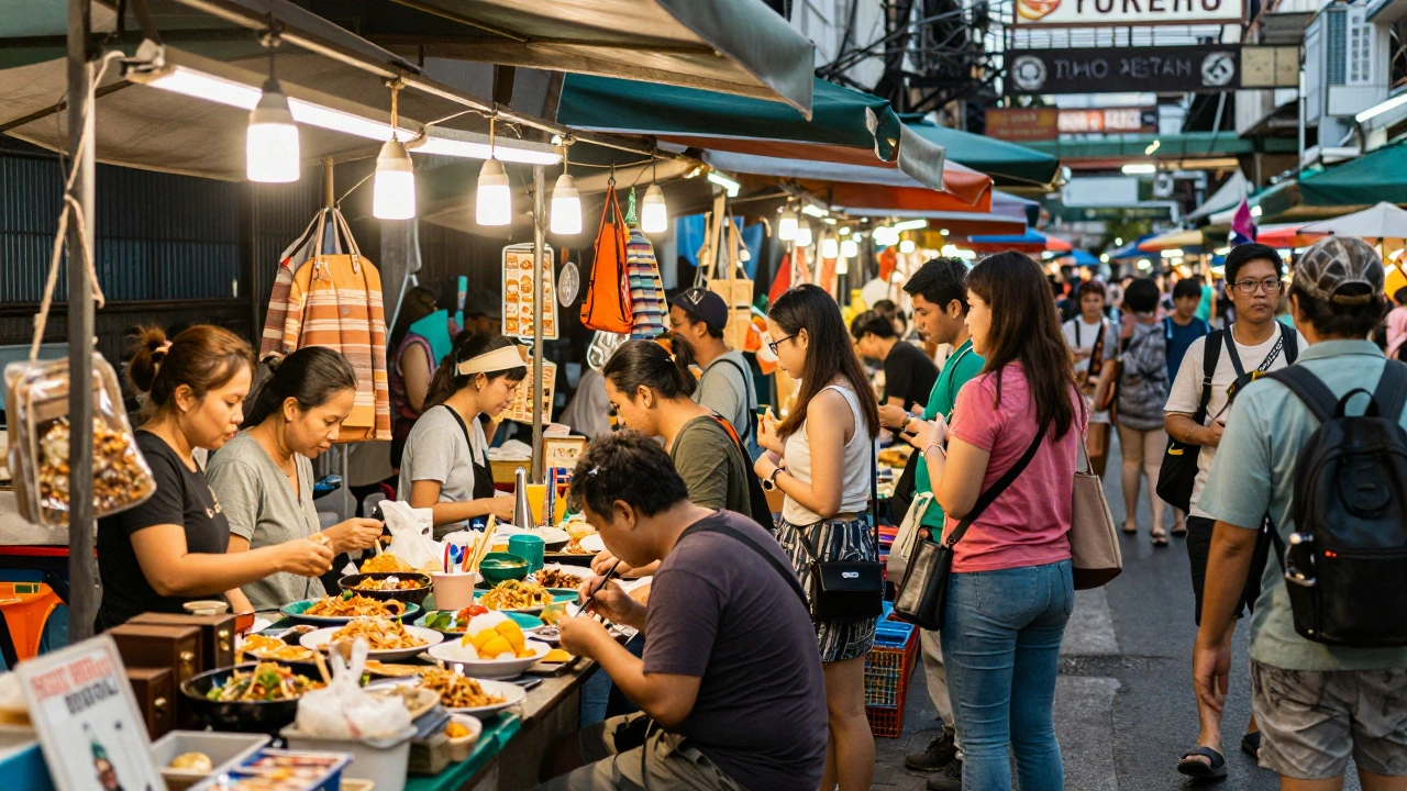 Vibrant scene at Bangkok's Train Night Market with food and shoppers