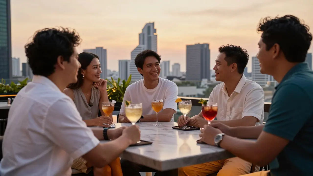 Friends chatting at a sophisticated Bangkok rooftop bar at dusk