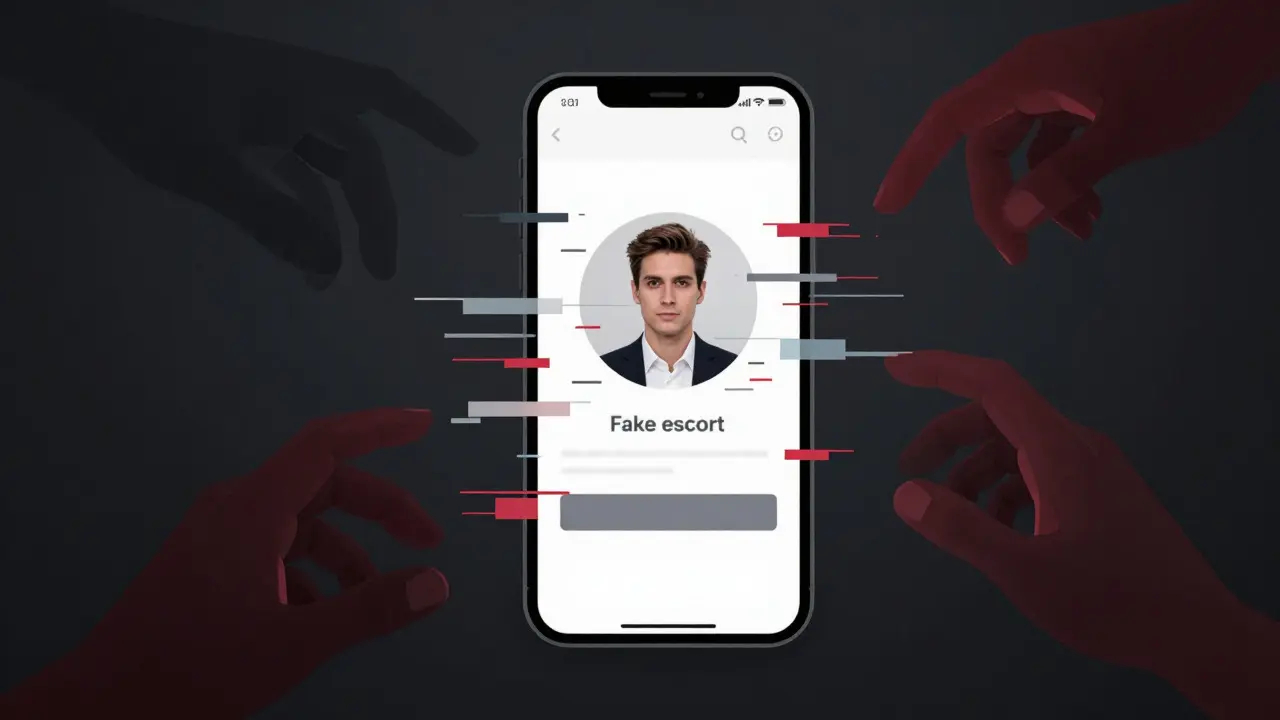 Smartphone showing glitching profile photo amidst shadowy hands